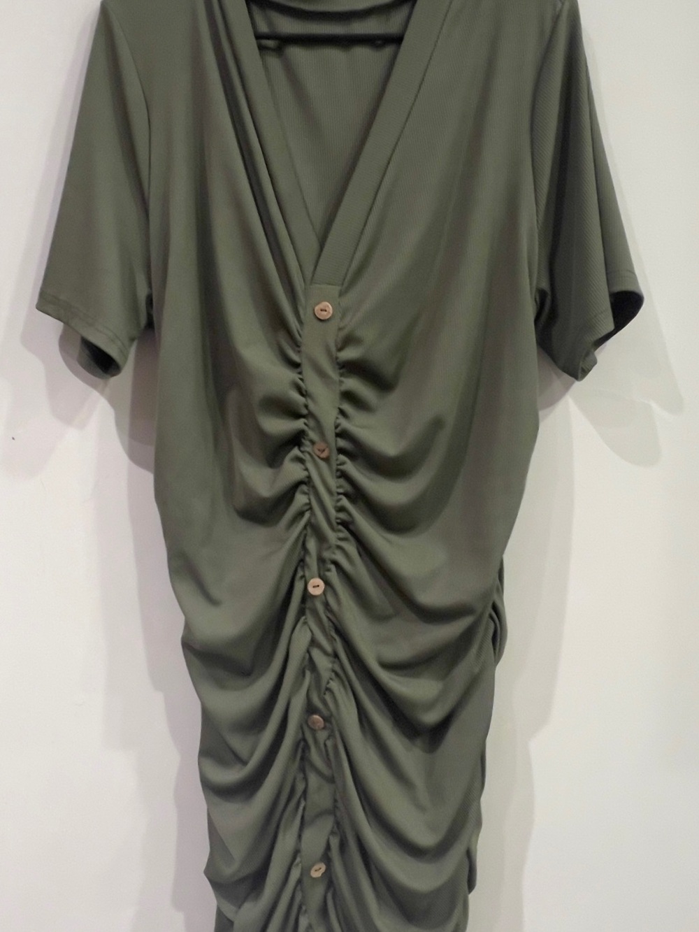 SHEIN Olive Ruched Button V-Neck Tunic